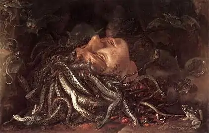 Sur le sol, tête décapitée de Méduse dont la chevelure grouille de serpents. Crapauds et lézards sur les côtés.