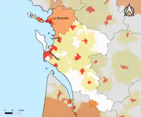 Localisation de l'aire d'attraction de la Rochelle dans le département de la Charente-Maritime.