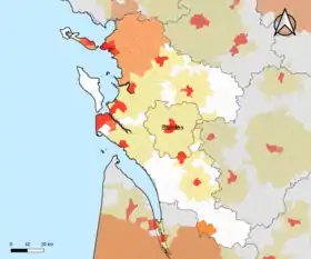 Localisation de l'aire d'attraction de Saintes dans le département de la Charente-Maritime.