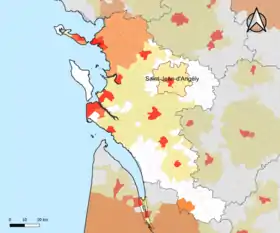 Localisation de l'aire d'attraction de Saint-Jean-d'Angély dans le département de la Charente-Maritime.