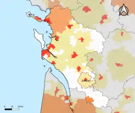 Localisation de l'aire d'attraction de Jonzac dans le département de la Charente-Maritime.