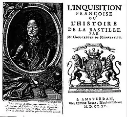 Frontispice de L'Inquisition françoise en regard de la page de titre (Amsterdam, 1715).