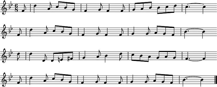 
\new Staff <<
\clef treble \key bes \major {
   \time 6/8 \partial 8   
   \relative f' {
	f8 | d'4 a8 c bes g | f4 g8 f4 f8 | g a bes bes c d | c4.~ c4 \bar"" \break
    f,8 | d'4 a8 c bes g | f4 g8 f4 f8 | g4 g8 a g f | bes4.~ bes4 \bar"" \break
    d8 | d4 d,8 d e fis | g4 a8 bes4 d8 | c bes a g a g | f4.~ f4 \bar"" \break
    f8 | d'4 a8 c bes g | f4 g8 f4 f8 | g4 g8 a g f | bes4.~ bes4 \bar"|." %repeat of the second line - if these two aren't the same, then it means somebody has vandalized ... 
   }
  }
%\new Lyrics \lyricmode {
%}
>>
\layout { indent = #0 }
\midi { \tempo 4. = 54 }
