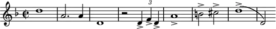 
\header {
  tagline = ##f
}
\score {
  \new Staff \with {
  }
<<
  \relative c'' {
    \key f \major
    \time 2/2
    \tempo 2 = 80
    \override TupletBracket #'bracket-visibility = ##f 
    \autoBeamOff
    \set Staff.midiInstrument = #"french horn"
     %% AB 3-1 th1
     d1 a2. a4 d,1 r2 \times 2/3 { d4-> f-> d-> } a'1-> b!2-> cis-> d1->( d,2)
  }
>>
  \layout {
    \context { \Score \remove "Metronome_mark_engraver"
    }
  }
  \midi {}
}
