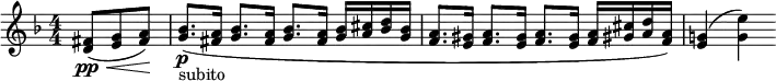 
  \relative c' { \clef treble \numericTimeSignature \time 4/4 \key d \minor \partial 8*3 <fis d>8(\pp\< <g e> <a fis>)\! | <bes g>8.\p_"subito"( <a fis>16 <bes g>8. <a fis>16 <bes g>8. <a fis>16 <bes g> <cis a> <d bes> <bes g> | <a f>8. <gis e>16 <a f>8. <gis e>16 <a f>8. <gis e>16 <a f> <cis gis!> <d a> <a f>) | <g! e>4( <e' g,>) }
