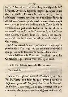 Arrêt du Parlement, 11 février 1774 qui supprime un libelle de Simon-Nicolas-Henri Linguet et le raye du Tableau, signé Nicolas Félix Vandive (2/3).