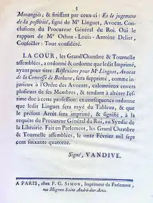 Arrêt du Parlement, 11 février 1774 qui supprime un libelle de Simon-Nicolas-Henri Linguet et le raye du Tableau, signé Nicolas Félix Vandive (3/3).