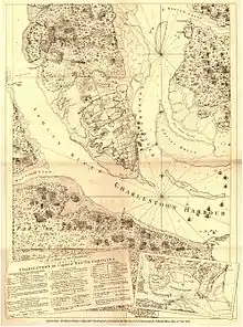 Une copie de la carte de Henry Clinton de 1780 détaillant la disposition des forces britanniques et patriotes lors du siège de Charleston, et montrant Haddrel's Point où Hogun est mort