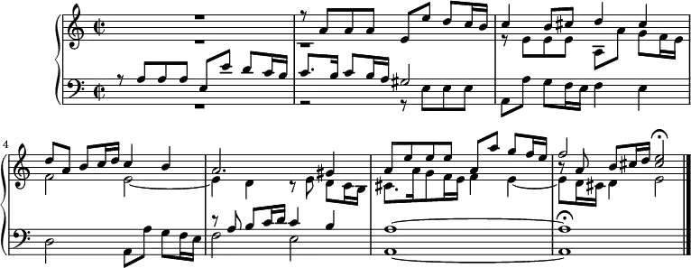 
\version "2.18.2"
\header {
  tagline = ##f
}
SujetLa = { a8 a a e[ e'] d c16 b }
SujetMi = { e8 e e a,[ a'] g f16 e }
upper = \relative c'' {
  \clef treble 
  \key a \minor
  \time 3/4
  \tempo 4 = 78
  \set Staff.midiInstrument = #"recorder"
   %% Ficher fugue en la
   << { R1 r8 \SujetLa c4 b8 cis d4 cis d8 a b[ c16 d] c4 b } \\ { R1 b,1\rest \relative c' r8 \SujetMi f2  e2~ } >>
   << { a2. gis4 a8 \relative c'' \SujetMi f'2 < e cis >2\fermata } \\ { e,4 d r8 e8 d8[ c16 b] cis8. a'16 g8 f16 e f4 e~ e8 d16 cis d4 e2 } \\ { s1*2 b'8\rest a8 b[ cis16 d] } >>
   \bar "|."
}
lower = \relative c' {
  \clef bass
  \key a \minor
  \time 2/2
  \set Staff.midiInstrument = #"recorder"
   << { r8 \SujetLa c8.[ b16] c8 b16 a gis2 } \\ { R1 r2 r8 \SujetMi f4 e } >>
    d2 a8[ a'] g f16 e 
   << { r8 a8 b[ c16 d] c4 b  } \\ { f2 e } >>
   < a a, >1~ q\fermata
}
  \header {
    piece = ""
  }
\score {
  \new PianoStaff <<
    \new Staff = "upper" \upper
    \new Staff = "lower" \lower
  >>
  \layout {
    \context {
      \Score
      \remove "Metronome_mark_engraver"
    }
  }
  \midi { }
}
