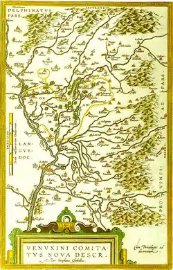 Le Ventoux réduit à une succession de collines sur la première carte du Comtat Venaissin (vers 1580).