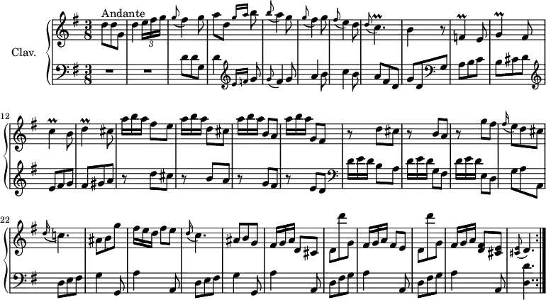 
\version "2.18.2"
\header {
  tagline = ##f
  % composer = "Domenico Scarlatti"
  % opus = "K. 210"
  % meter = "Andante"
}
%% les petites notes
trillCp      = { \tag #'print { c4.\prall } \tag #'midi { d32 c d c~ c4 } }
trillCUp     = { \tag #'print { c'4\prall } \tag #'midi { d32 c d c~ c8 } }
trillG       = { \tag #'print { g4\prall } \tag #'midi { a32 g a g~ g8 } }
trillF       = { \tag #'print { f4\prall } \tag #'midi { g32 f g f~ f8 } }
trillD       = { \tag #'print { d4\prall } \tag #'midi { e32 d e d~ d8 } }
upper = \relative c'' {
  \clef treble 
  \key g \major
  \time 3/8
  \tempo 4. = 50
  \set Staff.midiInstrument = #"harpsichord"
  \override TupletBracket.bracket-visibility = ##f
\repeat volta 2 {
      s8*0^\markup{Andante}
      d8 d g, | d'4 \times 2/3 { e16[ fis g] } | \appoggiatura g8 fis4 g8 | a8 d, \grace {   \tempo 4. = 30 g16 a }   \tempo 4. = 50 b8 | \appoggiatura b8 a4 g8 | \appoggiatura g8 fis4 g8 | \appoggiatura fis8 e4 d8 |
      % ms. 8
      \appoggiatura d8 \trillCp | b4 r8 | \trillF e8 | \trillG fis8 | \trillCUp b8 | \trillD cis8 |   \omit TupletNumber \times 2/3 { a'16[ b a] } fis8 e |
      % ms. 15
      \times 2/3 { a16[ b a] } d,8 cis |  \times 2/3 { a'16[ b a] } b,8 a | \times 2/3 { a'16[ b a] } g,8 fis | r8 d'8 cis | r8 b8 a | r8 g'8 fis
      % ms. 21
      \appoggiatura fis16 e8 d cis| \appoggiatura d16 c!4. | ais8 b g' | \times 2/3 { fis16[ e d] } fis8 e | \appoggiatura d16 c4. | ais8 b g | \times 2/3 { fis16[ g a] } d,8 cis | d8 d'' g,, | \times 2/3 { fis16[ g a] } fis8 e | d8 d'' g,, | \times 2/3 { fis16[ g a] } < d, fis >8 < cis e > |   \tempo 4. = 25 \appoggiatura < cis e >8   \tempo 4. = 40 d4. \tempo 4. = 50 \bar ":|." 
} % reprise
}
lower = \relative c' {
  \clef bass
  \key g \major
  \time 3/8
  \set Staff.midiInstrument = #"harpsichord"
  \override TupletBracket.bracket-visibility = ##f
  \omit TupletNumber
\repeat volta 2 {
    % **************************************
      R4.*2 | d8 d g, | d'4     \clef treble  \grace { e16 f } g8 | \appoggiatura g8 fis4 g8 | a4 b8 | c4 b8 |
      % ms. 8
      a8 fis d | g d    \clef bass  g, | a b c | b cis d |   \clef treble e8 fis g | fis gis a | r8 d cis |
      % ms. 15
      r8 b a | r8 g fis | r8 e d |  \clef bass   \times 2/3 { d16[ e d] } b8 a | \times 2/3 { d16[ e d] } g,8 fis | \times 2/3 { d'16[ e d] } e,8 d | 
      % ms. 
      g8 a a, | \repeat unfold 2 { d e fis | g4 g,8 | a'4 a,8 } | \repeat unfold 2 { d8 fis g | a4 a,8 } | < d d' >4. |
}%reprise
}
thePianoStaff = \new PianoStaff <<
    \set PianoStaff.instrumentName = #"Clav."
    \new Staff = "upper" \upper
    \new Staff = "lower" \lower
  >>
\score {
  \keepWithTag #'print \thePianoStaff
  \layout {
      #(layout-set-staff-size 17)
    \context {
      \Score
     \override SpacingSpanner.common-shortest-duration = #(ly:make-moment 1/2)
      \remove "Metronome_mark_engraver"
    }
  }
}
\score {
  \unfoldRepeats
  \keepWithTag #'midi \thePianoStaff
  \midi { }
}

