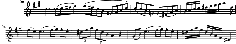 
\version "2.18.2"
\header {
  tagline = ##f
  % composer = "Mozart"
  % opus = "K. 622"
  % meter = "Allegro"
}
\score {
<<
  \relative c'' {
    \key a \major
    \time 4/4
    \override TupletBracket #'bracket-visibility = ##f 
    \set Score.currentBarNumber = #100
    \omit Staff.TimeSignature
    \bar ""
    \tempo 4 = 100
     %%%%%% K622
     b2~ b8( cis dis e) | e( dis b gis eis fis a cis) | cis( b gis e!) e( dis fis a) |
     gis16 a b cis dis e fis gis a4. dis,8 fis( e) e4.( fis16 gis) fis8-. e-. \times 2/3 { dis8 fis a } \times 2/3 {fis dis b} a4 r4
     gis8( b) e4.( fis16 gis) fis8-. e-. dis16 fis a fis dis b a fis dis4
  }
>>
  \layout {
     #(layout-set-staff-size 17)
     \context { \Score \remove "Metronome_mark_engraver" 
     \override SpacingSpanner.common-shortest-duration = #(ly:make-moment 1/2)
     }
  }
  \midi { \set Staff.midiInstrument = #"clarinet" }
}
