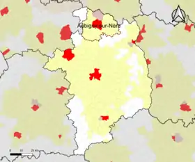 Localisation de l'aire d'attraction d'Aubigny-sur-Nère dans le département du Cher.