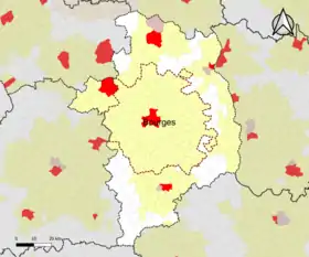 Localisation de l'aire d'attraction de Bourges dans le département du Cher.
