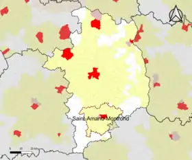 Localisation de l'aire d'attraction de Saint-Amand-Montrond dans le département du Cher.