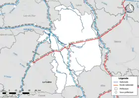 Carte du réseau routier national (autoroutes et routes nationales) dans le département du Cher