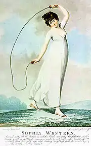 Jeune femme élancée en robe blanche, jouant comme sur les flots avec une corde à sauter sur fond vaporeux.