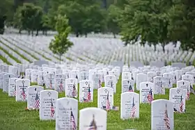 Les tombes du cimetière national d'Arlington ornées de drapeaux en 2018.