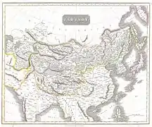 1814. Carte de John Thomson représentant la tartarie chinoise entourée de jaune et la Chine.