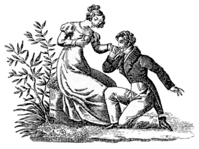 gravure romantique : un homme fait sa demande à genoux