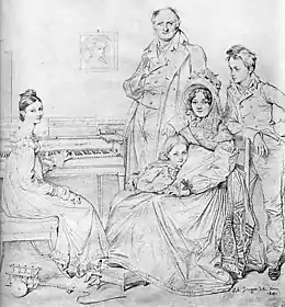gravure noir et blanc : portrait d'une famille : une jeune fille assisse au piano ; un homme debout, une femme assise devant lui tenant un enfant ; un garçon appuyé sur le dossier de la chaise de la femme