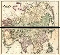 1820. Carte de Daniel Lizars, dans l'Atlas historique et géographique d’Édimbourg, représentant l'Empire chinois, avec la Chine en rose, et la Mongolie et le Tibet en vert au sein de l'Empire.