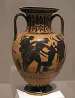 Thésée tuant le Minotaure. Cratère à figures noires. Vers 480 av. J.-C.