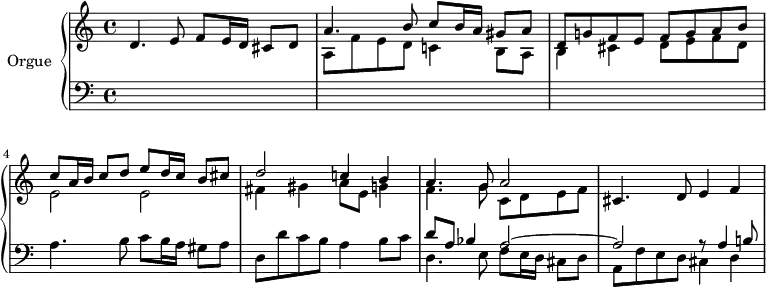 
\version "2.18.2"
\header {
  tagline = ##f
}
upper = \relative c' {
  \clef treble 
  \key c \major
  \time 4/4
  \tempo 4 = 70
  \tempo "Presto"
    \set Staff.midiInstrument = #"recorder"
   %%% Dopo l'Epistola (Canzon)
   d4. e8 f8 e16 d cis8 d
   << { a'4. b8 c8 b16 a gis8 a } \\ { a,8 f' e d c!4 b8 a } >>
   << { d8 g! f e f g a b } \\ { b,4 cis d8 e f d } >>
   %% ms 4
   << { c'8 a16 b c8 d e d16 c b8 cis } \\ { e,2 e } >>
   << { d'2 c!4 b } \\ { fis4 gis a8 e g!4 } >>
   << { a4. g8 a2 } \\ { f4. g8 c, d e f } >> 
   cis4. d8 e4 f
}
lower = \relative c {
  \clef bass
  \key c \major
  \time 4/4
    \set Staff.midiInstrument = #"recorder"
  s1*3 a'4. b8 c8 b16 a gis8 a d, d' c b a4 b8 c
  << { d8 a bes4 a2~ } \\ { d,4. e8 f8 e16 d cis8 d } >>
  << { a'2 r8 a4 b!8 } \\ { a,8 f' e d cis4 d } >>
} 
\score {
  \new PianoStaff <<
    \set PianoStaff.instrumentName = #"Orgue"
    \new Staff = "upper" \upper
    \new Staff = "lower" \lower
  >>
  \layout {
    \context {
      \Score
      \remove "Metronome_mark_engraver"
    }
  }
  \midi { }
}
