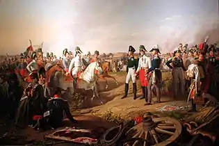 Représentation de la bataille de Leipzig, avec au centre les souverains de Russie, d'Autriche et de Prusse, avec derrière eux l'état-major et devant eux les généraux et la cavalerie coalisée venant annoncer la défaite de Napoléon.