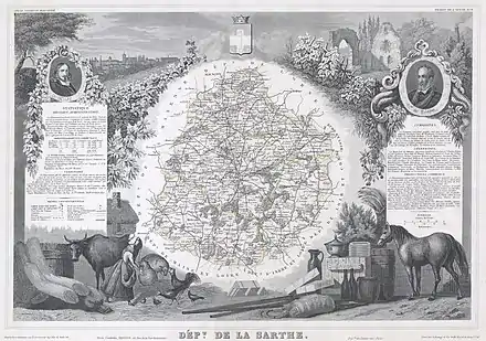 Carte présentant le département de la Sarthe au XIXe siècle