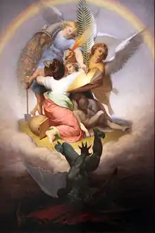 La peinture met en scène des anges et un démon.