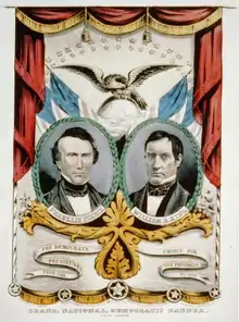 Affiche sur laquelle figure deux portraits d'hommes entourés de lauriers et surmontés d'un aigle