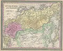 Carte de Samuel Augustus Mitchell en 1853, plaçant Sakhaline dans l'Empire chinois.