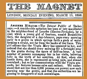 Article du 15 mars sur le Magnet de Londres, sur les événements à Lourdes.