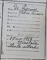 Fiche de l'acte de mariage religieux de Charles Albert Nicolaïe et Félicie Marie de Giorni (de Giorny) dans le registre de l'église Notre-Dame-de-Lorette à Paris.