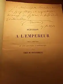 Dédicace de Claude-François Denecourt en 1864 à Rosa Bonheur de sa pétition à l'empereur pour la conservation du côté artistique et pittoresque de la Forêt de Fontainebleau