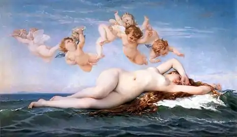 Peinture d'un nu féminin allongé à la surface de flots bleus, surmonté de cinq angelots.