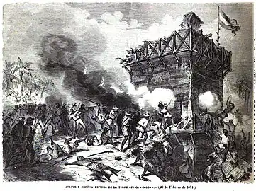 Ataque y heroica defensa de la torre óptica Colón (20 de febrero de 1871), dans La Ilustración Española y Americana du 5 mai 1871.