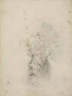 Dessin crayonné représentant la tête d'un homme et, se superposant à elle, contour d'un groupe de personnages.