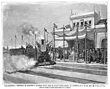 Inauguration de la gare et bénédiction des engins de traction en présence d'Alphonse III en septembre 1877.