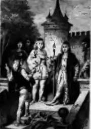 Dessin en noir et blanc de trois personnes discutant devant la tour et le créneaux d'un château.