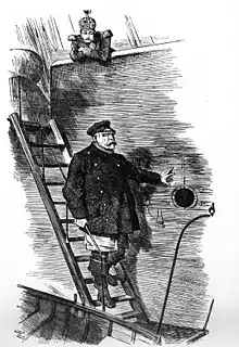 Caricature parue dans le journal anglais le Punch Dropping the Pilot, soit le capitaine descend, où l'on voit Bismarck littéralement descendre d'un bateau de Sir John Tenniel à propos du départ de Bismarck, en 1890.