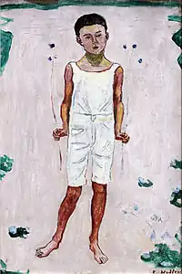 Peinture de Ferdinand Hodler représentant son fils tenant des fleurs dans les deux mains.