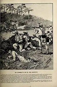 Un combate en el río Zapote, Alcázar, illustration de 1898 pour la revue Blanco y Negro.