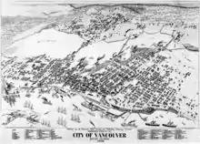 Illustration en noir et blanc de Vancouver. De grands navires remplissent les port au Sud ; le bourg, remplissant le centre de la carte, est bordé d'arbres sur les côtés gauche et dessus. Des ponts traverses le plan d'eau en centre-haut.