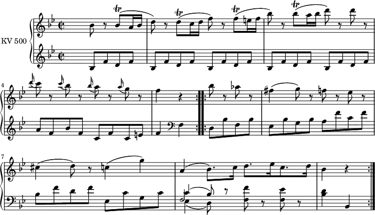 
\version "2.14.2"
\header {
  tagline = ##f
}
upper = \relative c'' { 
         \clef "treble"          
         \key bes \major
         \time 2/2 
         \tempo 4 = 130                 
         \set Staff.midiInstrument = #"piano"
  \repeat volta 2 {
    s2 bes8 r bes \trill  (a16 bes d8)
        r d \trill  (c16 d f8)  r f \trill  (e16 f bes8)
         r bes \trill  (a16 bes d8) r d r
         \grace d16 (c8) r \grace c16 (bes8) r \grace bes16 (a8) r \grace a16 (g8) r
         f4 r
          }
  \repeat volta 2 { 
    bes8 r aes r
    fis4 (g8) r f r ees r
    cis4 (d8) r c4 (g')
    a, (bes8.) c16 d8. ees16 c8. d16
    bes4 r
       }
}
lower = \relative c {
        \clef "bass" 
        \key bes \major
        \time 2/2
        \set Staff.midiInstrument = #"piano"
      \set Staff.midiMinimumVolume = #0.2 \set Staff.midiMaximumVolume = #0.4
  \repeat volta 2 { \clef "treble"
  s2  \repeat unfold 5 {bes'8 f' d f } 
  a f bes f c f c e
  f4  \clef "bass" f,
  } 
  \repeat volta 2 {
    d8 bes' f bes
    ees, bes' g bes a f' c f
    bes, f' d f ees, c' g c
    <<{\stemDown ees,4 _(d8) r } \\ {\stemUp f2} \\ {\stemUp c'4 ^ (bes8) }>>
    \stemDown  <f f'> r <f ees'> r
    <bes d>4 \stemUp  bes,
  }   
}
\score {
  \new PianoStaff <<
    \set PianoStaff.instrumentName = #"KV 500"
    \new Staff = "upper" \upper
    \new Staff = "lower" \lower
  >>
  \layout {
    \context {
      \Score
      \remove "Metronome_mark_engraver"
    }
  }
  \midi { }
}
