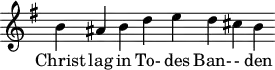 
\version "2.18.2"
\header {
  tagline = ##f
}
\score {
  \new Staff \with {
    \remove "Time_signature_engraver"
    \override Staff.TimeSignature.stencil = ##f
  }
<<
  \relative c'' {
    \key g \major
    \time 11/4
    \autoBeamOff
     %%% [[Antienne]] Vic- ti- mae pas- cha- li lau- des et choral
     b ais b d e d cis b
  }
  \addlyrics {
     Christ lag in To- des Ban- - den 
  }
>>
  \layout {
    \context {
      \remove "Metronome_mark_engraver"
    }
  }
  \midi {     \tempo 4 = 90 }
}
