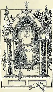 Illustration en noir et blanc montrant une porte ogivale ouverte devant un chevalier et une femme se tenant les mains.