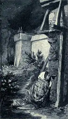 Dessin en noir et blanc d'une jeune fille coiffée d'un foulard, se cachant derrière un mur.