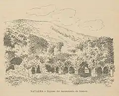 Gravure montrant une abbaye partiellement ruinée et recouverte de végétation.